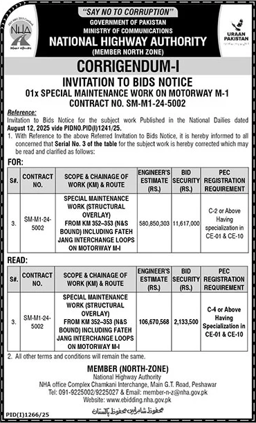 National Highway Authority Peshawar Tender Notice-1